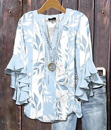 preiswerte -Damen Bluse mit gestuften Rüschensäumen Floral Grafik Paisley Täglich Stilvoll Lässig 3/4-Ärmel V-Ausschnitt Reguläre Oberteile Tägliches Urlaubsbekleidung Druck Gelb Pink Blau Staubblau Sommer