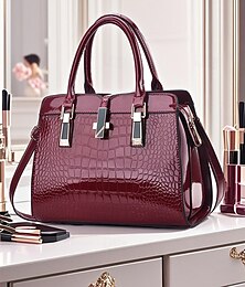 abordables -Sac à main en similicuir verni bordeaux pour femme - Sac fourre-tout structuré en relief croco avec poignée supérieure et bandoulière, parfait pour un cadeau de fête des mères, au bureau, pour les affaires et les occasions formelles