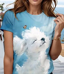 baratos -Mulheres Camiseta Gráfico Animal Cachorro à moda Moderno Casual Manga Curta Gola Redonda Decote Redondo Tops regulares Diário Para Noite Final de semana Imprimir Azul Céu Verão Primavera