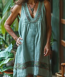 economico -Abito boho da donna mini abito a forma A abito scivolato vacanza casual boho all'aperto uscita spiaggia vestibilità comoda grafico floreale senza maniche collo a V blu lago blu verde khaki estate