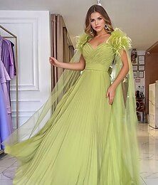 preiswerte -A-Linien Abendkleid Elegantes Kleid Formell Hochzeitsgast Bodenlänge Kurzarm Herzausschnitt Gürtel  Schärpe Chiffon mit Federn Falten