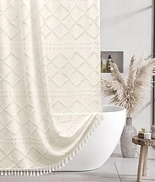 economico -Tenda da doccia in tessuto bianco boho con frange 180cm 70" stile minimalista moderno farmhouse strisce chevron tufted shabby chic tenda in stoffa resistente all'acqua per bagno decorazione da hotel