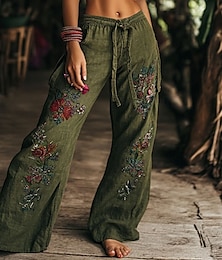 economico -Per donna Gamba larga Pantaloni Eleganti Boho Lunghezza intera Naturale Fiore Tasca Stampa Design con Coulisse Elastica Comodo All'aperto All'aperto Vacanza Weekend Verde Estate Vestibilità regolare