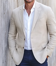 abordables -Hombre Chaqueta de lino Chaqueta deportiva Moda Casual Color sólido Blazer Beige Estándar Dos botones de un solo pecho