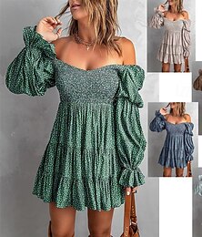 economico -Per donna Mini Abito Abito Floreale Abito Boho Abito Stampato Abito occidentale Classico Moderno All'aperto Vacanza Ferie Vestibilità regolare Fiore Manica Lunga Senza Spalle Blu Marrone Verde