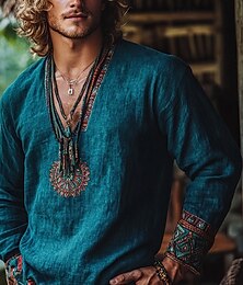economico -Per uomo Camicia Camicia di lino Camicia popover Camicia Estiva Camicia da Spiaggia Patchwork Vacanza Ferie Blu Manica Lunga Senza colletto Estate Primavera Abbigliamento Etnico / religioso