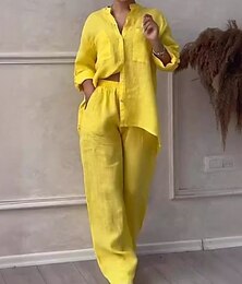 economico -Per donna Attivo Camicia Blusa Set di Pantaloni Manica Lunga Colletto a Camicia Tinta unica Dubbele Rij Knopen All'aperto Weekend Bianco Giallo Rosa Estate Vestibilità regolare