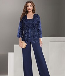 abordables -Pantalon Robe Mère de la Mariée Invité de Mariage Élégante Col Carré Longueur de Sol Polyester Dentelle Manches Longues avec Couleur Unie