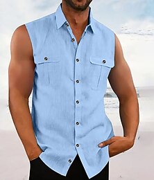 economico -Per uomo Camicia Camicia di lino Camicia Estiva Camicia da Spiaggia Camicia con Bottoni Maglietta senza maniche Semplice Vacanza Camicia hawaiana Nero Azzurro cielo Viola Verde Senza Maniche Collo