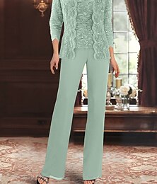 voordelige -Broekpak Moeder van de bruid jurk Bruiloft gast Elegant Eenvoudig Vierkante hals Tot de grond Polyester 3/4 mouw met Effen kleur 2025