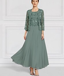 voordelige -Blauwgroene tweedelige A-lijn moeder van de bruid jurk met kralen, elegant, vintage, eenvoudig, ronde hals, enkellengte, kant, lange mouwen met kantborduursel, 2025