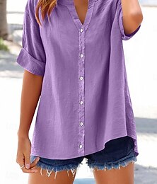 economico -Blusa da donna in cotone e lino a tinta unita elegante casual a maniche corte scollo a V top regolari quotidiani per le vacanze bottoni nero blu viola verde beige estate primavera
