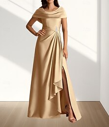 abordables -Robe A-Line Mère de la Mariée Robe Invité de Mariage Élégante Col Rond Longueur de Sol Satin Sans Manches avec Perles Drapé Latéral Fente Avant