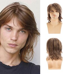 baratos -Peruca curta marrom masculina, peruca de cabelo sintético natural em camadas castanho claro para festa diária