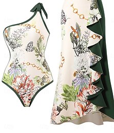 abordables -Maillots de Bain Femme Une Pièce 2 Pièces Jupe Maillot de Bain Volants Dos Nu Contrôle du Ventre Taille Haute Mince Vacances Plage Fleurie Col Asymétrique Sans Manches Maillots de Bain