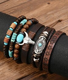 abordables -Pulsera de cuero con cuentas estilo western para hombre con piedras turquesas, diseño de calavera de vaca, estilo bohemio para uso casual y al aire libre.