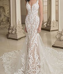 economico -Abiti da matrimonio casual sirena scollatura profonda senza maniche strascico in pizzo abiti da sposa con applicazione in pizzo barocco