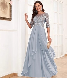 preiswerte -Mutter der Braut Kleid Elegantes Einfach Crew-Ausschnitt Bodenlänge Chiffon Halber Ärmel mit Uni-Farbe
