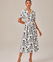 preiswerte -Damen Weiblich Freizeitkleid Midikleid Schwarz-Weiß Kurze Ärmel Blumenmuster Palme Palmblatt Drucken Sommer V Ausschnitt Urlaub Lässig Freizeit XS S M