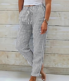 abordables -Femmes Pantalon en coton et lin Slacks Mode Streetwear Confort Longueur cheville Taille Moyenne Rayure Taille Élastique Confortable Extérieur Rue Tenue quotidienne Sortir Noir Bleu Été Printemps