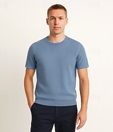 abordables -Homme T-shirt en coton mélangé Manche Courte Col ras du cou Été Uni Jacquard Élégant Classique Col rond Minimaliste Vacances Maison Coton Noir Bleu bleu marine T-shirt haut de gamme pour homme