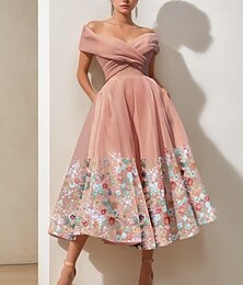 preiswerte -Rosa Blumen A-Linie Cocktailkleider Elegantes Kleid Formelle Hochzeitsgast Knöchellänge Kurzärmel Off-Shoulder mit Schlitz Stickerei Derby Kleider 2025