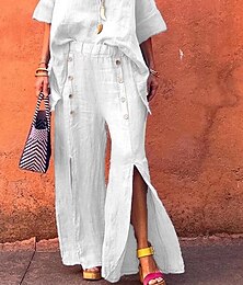 economico -Per donna Pantaloncini in cotone e lino Pantaloni ispirati al lino Pantaloni in cotone e lino Moda Lunghezza intera Naturale Semplice Elastico in vita Spacco Fibbia Comodo All'aperto Confortevole