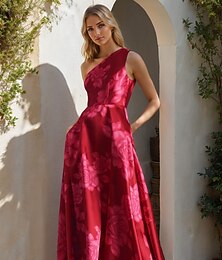 billiga -Blommig tryck röd cocktailklänningar elegant klänning semi-formell bröllopsgäst klänning maxi-längd ärmlös en axel satin med sidofickor