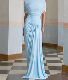 economico -Tubino / Colonna Abito da Sera Elegante Vestito Formale Matrimonio Lunghezza al pavimento Manica Corta Collo Alto Spandex con Arricciato Scialle 2025