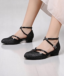 abordables -Chaussures de danse à talons bas noires pailletées pour femmes – Chaussures de salon à brides de cheville scintillantes pour les performances ou l'entraînement des filles et des dames