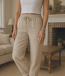 abordables -Femmes Pantalon en coton et lin Confort Longueur complète Taille haute Uni Avec Poches Ceinture Élastique Confortable Extérieur Tenue quotidienne Noir Blanche Rouge Vert Été Coupe régulière