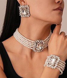 economico -Set di Gioielli Completo Tre Pezzi Argento Zirconia Cubica Perla Imitazione Argento 1 Collana 1 Bracciale Orecchini Donne Elegante Vintage Moda Carina Stile Vintage Classico Set di Gioielli