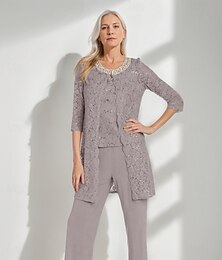 abordables -Combinaison en dentelle pailletée  Costume 3 pièces Mère de la Mariée Costume simple Minimaliste Éclat et Brillance Col rond Longueur de cheville Dentelle Sans manches Manches demi-longues avec
