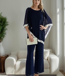 economico -Completo Due Pezzi Tuta  Pantalone per la Madre della Sposa Elegante Semplice Minimalista Collo a Chino Lunghezza Caviglia Chiffon Manica Mezza con Pieghe Paillettes