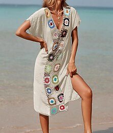 abordables -Maillots de Bain Femme Couverture Robe de Bain Maillot Patchwork Vacances Plage Tenue Couleur Unie Col en V Manches Courtes Maillots de Bain