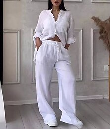 abordables -Femmes Mode Streetwear Ensembles en coton et lin Ensembles deux pièces Ensembles de Pantalons manche longue Col montant Uni Tenue quotidienne Date Blanche Jaune Rose Claire Été Coupe régulière