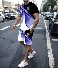 abordables -Hombre Geométrico Línea 2 piezas Conjuntos de camisetas Tops de verano Manga Corta Pantalones cortos Cuello Barco Deportes Casual / Diario Deporte Casual Diario Impresión 3D Verano Blau Schwarz