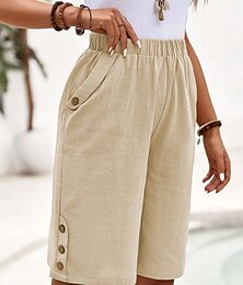 abordables -Femmes Short en coton et lin Pantalon inspiré du lin Pantalon en coton et lin Occasionnel Confort Longueur Genou Taille haute Couleur Unie Avec Poches Boucle Non Elastique Tenue quotidienne