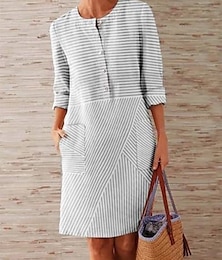 abordables -Femmes Mini Robe Robe d'été Occasionnel Quotidien Coupe régulière Graphique Rayé manche longue Col ras du cou Vert Claire Bleu Ciel Gris Été