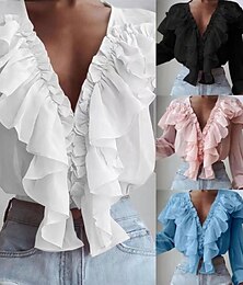 economico -Per donna Camicia Tinta unica Floreale Semplice Elegante Casual Manica Lunga Scollo a V Top Regolari Quotidiano Volant Nero Bianco Rosa Blu Estate Primavera