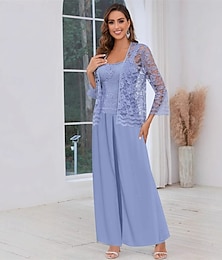 economico -Completo Pantalone Abito da cerimonia per signora Ospite di nozze Elegante Collo quadrato Lunghezza al pavimento Poliestere Pizzo Manica Lunga con Tinta unita 2025