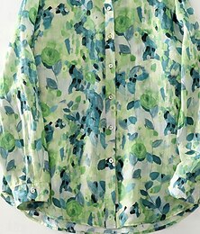 abordables -Femmes Chemise Boutonner Chemise en coton et lin Chemisier Fleur Élégant Moderne manche longue Col en V Hauts Réguliers Fête Sortir Boutons Imprimé Vert Été