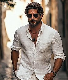 economico -Per uomo Camicia Camicia di lino Camicia Estiva Camicia da Spiaggia Camicia con Bottoni Camicie sbottonate Semplice All'aperto Streetwear Nero Bianco Azzurro cielo Cachi Manica Lunga Collo ripiegato