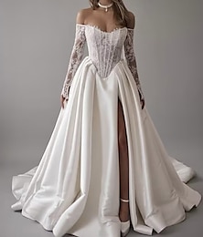 halpa -Bustier Drop Wait Hääpuvut Ball Gown Off Shoulder Irrotettavalla Hihalla Kappelijuna Satiini Morsiuspuvut Kukka Koristeella