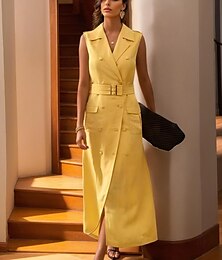 levne -Česaný bavlněný koktejlové šaty elegantní semi-formální svatební šaty délka nad kotníky bez rukávů výstřih do V smokingové šaty s zakrytými knoflíky kapsy