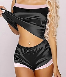 abordables -Conjuntos de pijamas para mujer, top y pantalón de pijama, color puro, moda, informal, suave, para el hogar, uso diario, cama, satén, tirantes transpirables, sin mangas, top con tirantes, pantalones