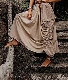 economico -Per donna Gonna Casual Boho Maxi Vita media Gonne Semplice Tasca Micro-elastico Vacanza Uscire Nero Verde militare Rosso Zenzero Estate Cotone Lino