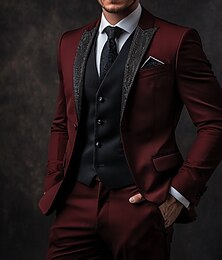 economico -Abiti da festa per matrimoni da uomo burgundy lusso formale paillettes a risvolto a tinta unita taglio standard a tre pezzi monopetto un bottone