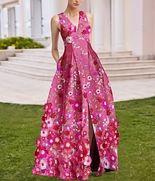 economico -Abito da Sera A-Line in Seta Rosa Gialla Ricamato Floreale Elegante Abito Formale Ospite Matrimonio Lunghezza Piana Senza Maniche Scollatura a V con Applicazioni