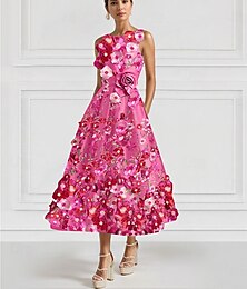 economico -Abito cocktail floreale rosa giallo a linea elegante abito formale per matrimonio lungo fino alla caviglia senza maniche collo rotondo in satin con tasca ricamata
